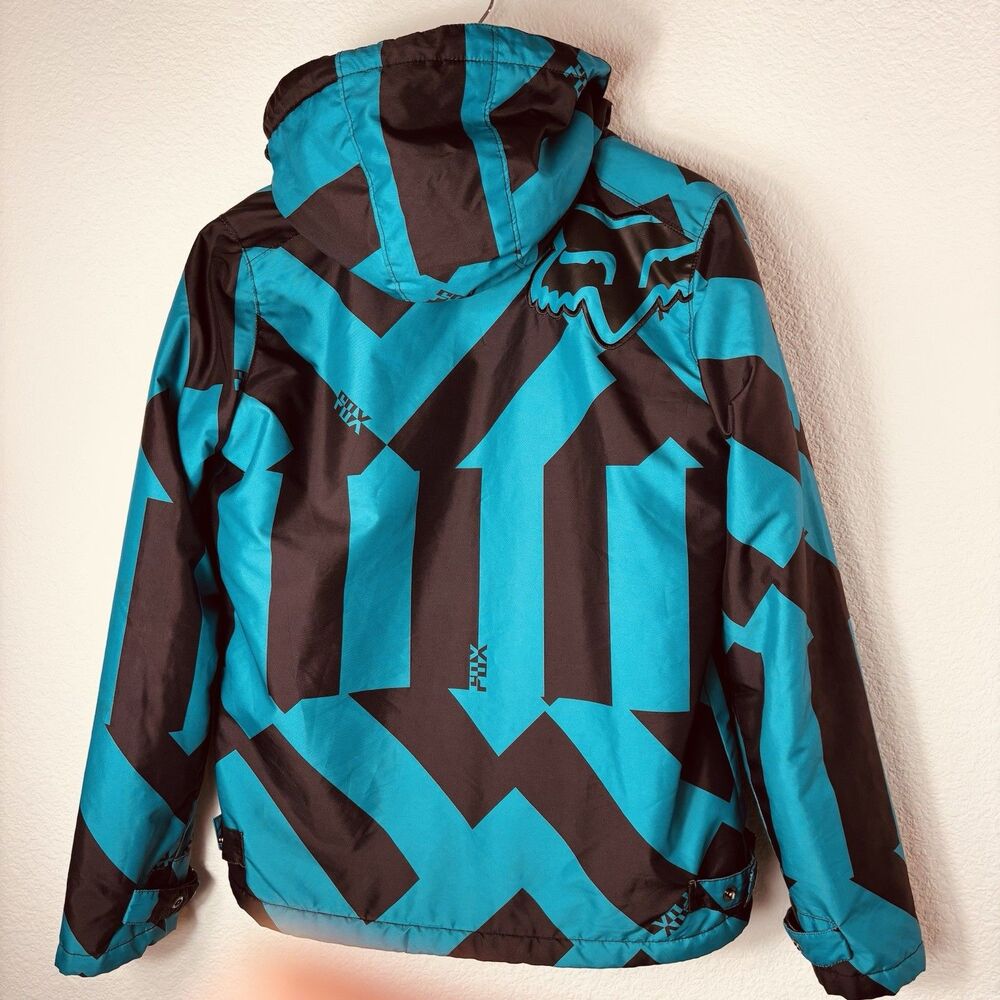 Fox Racing Womens Ski Snowboard Jacket L Blue Black Print Hooded Fur Lined Neon